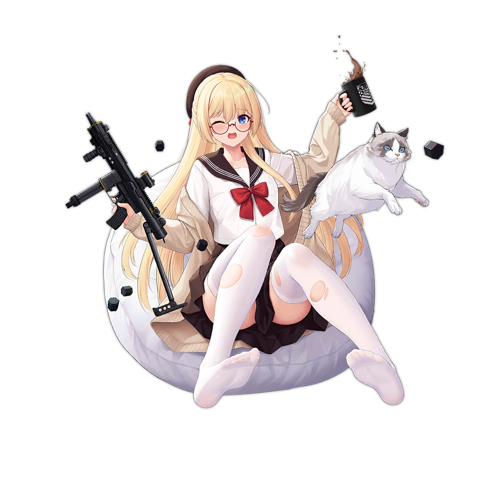 1girl :d allenes bean_bag_chair blonde_hair blue_eyes blush board_game bow bowtie brown_headwear brown_sailor_collar brown_skirt cardigan cat coffee_mug cup feet full_body girls'_frontline griffin_&amp;_kryuger gun hands_up holding holding_cup holding_gun holding_weapon jumping long_hair long_sleeves looking_at_viewer loose_bowtie mug no_shoes official_alternate_costume official_art one_eye_closed open_mouth panties pleated_skirt red-framed_eyewear red_bow red_bowtie sailor_collar semi-rimless_eyewear shirt simple_background sitting skindentation skirt smile soles solo spilling star_model_z62 thighhighs third-party_source toes torn_clothes torn_thighhighs transparent_background trigger_discipline under-rim_eyewear underwear very_long_hair weapon white_cardigan white_cat white_panties white_shirt white_thighhighs z-62_(casual_afternoon_game)_(girls'_frontline) z-62_(girls'_frontline)