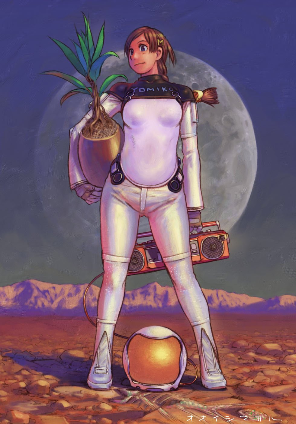 1girl artist_name bodysuit braid brown_eyes brown_hair desert dusk full_body hair_ornament hair_ribbon hairclip helmet highres holding_flower_pot looking_to_the_side mizu_wakusei_nendaiki moon mountain outdoors ramb_chop ribbon scenery signature sky solo space_helmet standing tape_recorder white_bodysuit yellow_ribbon