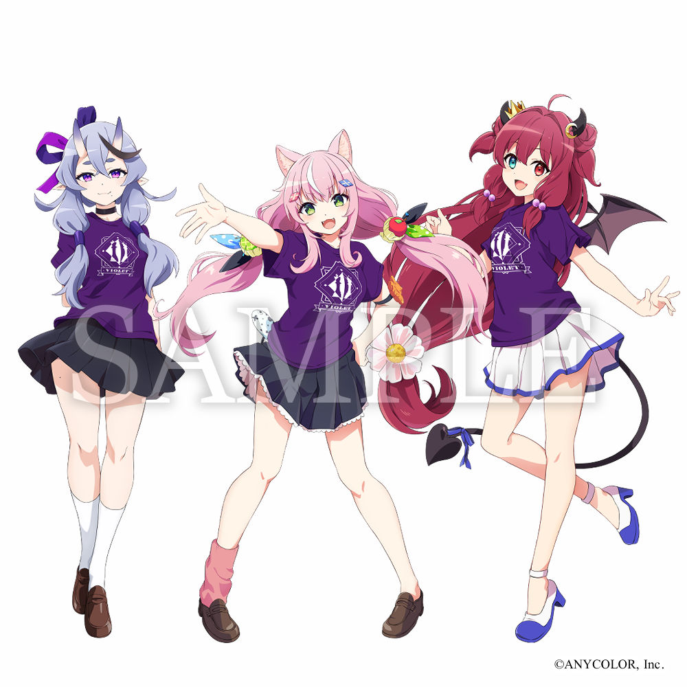 3girls ahoge animal_ears black_horns black_skirt blue_eyes blue_trim brown_footwear cat_ears cat_girl crown demon_wings full_body green_eyes heterochromia horns kanbe_piroshiki loafers low_twintails mini_crown multiple_girls nijisanji official_art oni_horns pink_hair pleated_skirt purple_eyes purple_hair purple_shirt red_eyes red_hair rindou_mikoto sample_watermark shirt shoes single_sock skirt smile socks t-shirt twintails two_side_up virtual_youtuber watermark white_skirt white_socks wings yang_nari yuzuki_roa