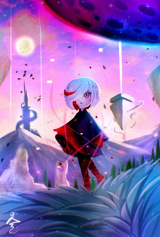 1girl :o black_dress cang_she dress full_moon hair_over_shoulder moon outdoors red_eyes sage_(sonic) short_hair sky solo sonic_(series) sonic_frontiers walking white_hair