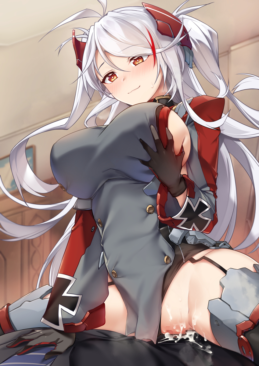 1boy 1girl antenna_hair azur_lane black_gloves black_panties blush breasts brown_eyes censored closed_mouth clothing_aside commission cross cum cum_in_pussy dress eyes_visible_through_hair from_below garter_straps girl_on_top gloves grabbing grabbing_another's_breast grabbing_own_breast grey_dress grey_thighhighs hair_between_eyes headgear hetero highres iron_cross large_breasts long_hair long_sleeves looking_down mosaic_censoring multicolored_hair panties panties_aside penis prinz_eugen_(azur_lane) pussy red_hair sex sideboob skeb_commission smile solo_focus spread_legs straddling streaked_hair sweat swept_bangs thighhighs tsuki_tokage two_side_up underwear vaginal very_long_hair white_hair