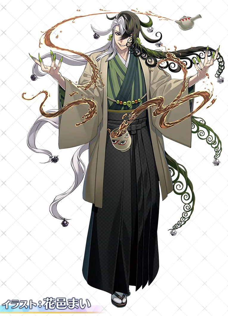 1boy artist_request ashiya_douman_(fate) asymmetrical_hair black_eyes black_hair brown_coat clothing_request coat curly_hair earrings fate/grand_order fate_(series) full_body green_nails japanese_clothes jewelry long_hair long_sleeves multicolored_hair pants sandals socks solo spill very_long_fingernails white_background white_hair
