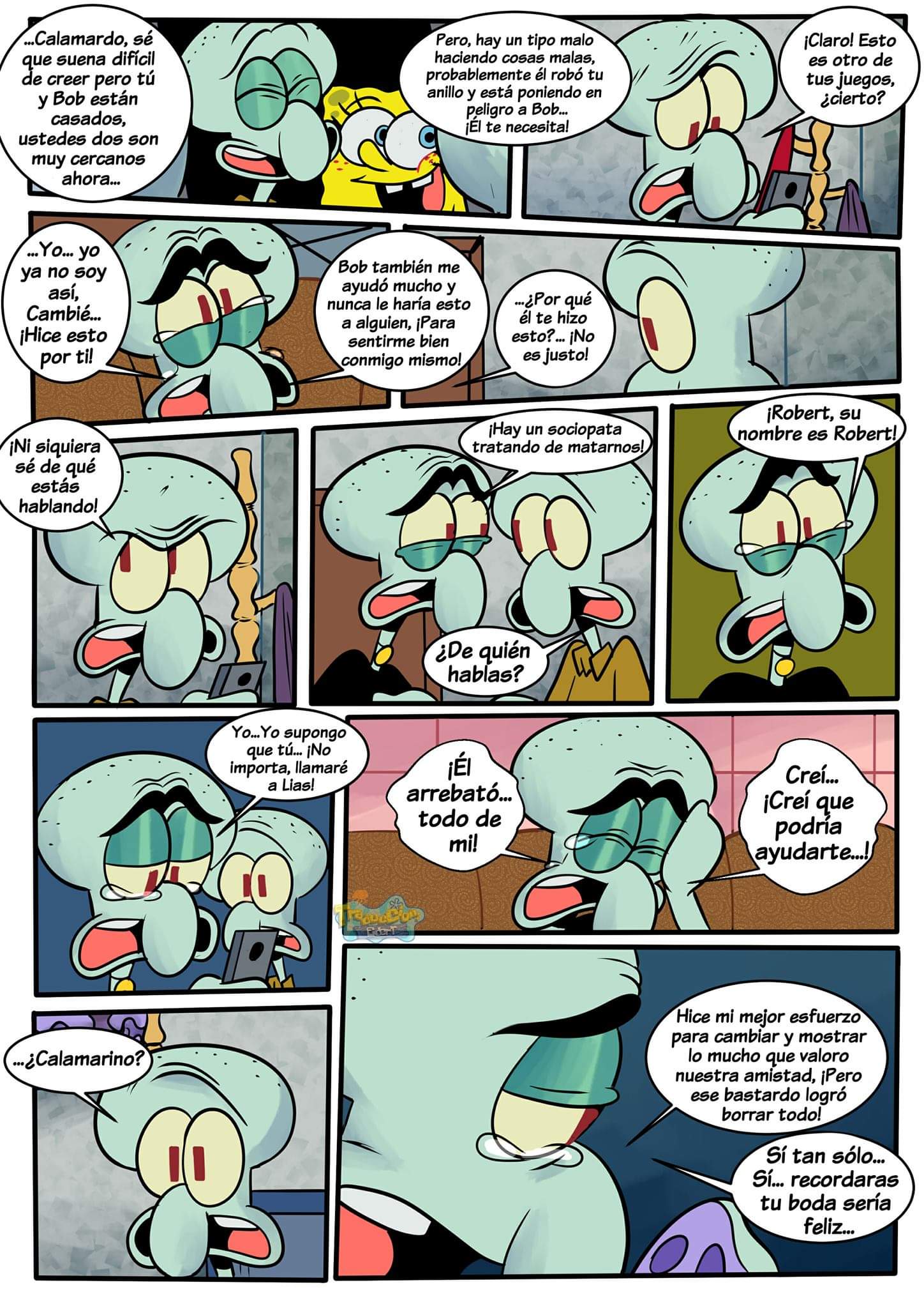 anthro bodily_fluids cellphone cephalopod clothed clothing coleoid comic crying dialogue frown group hi_res male marine mollusk nickelodeon octopodiform octopus on_model pancaketiffy phone photo sea_sponge smile spanish_text speech_bubble spongebob_squarepants spongebob_squarepants_(character) squidward_tentacles squilliam_fancyson tears text toony trio