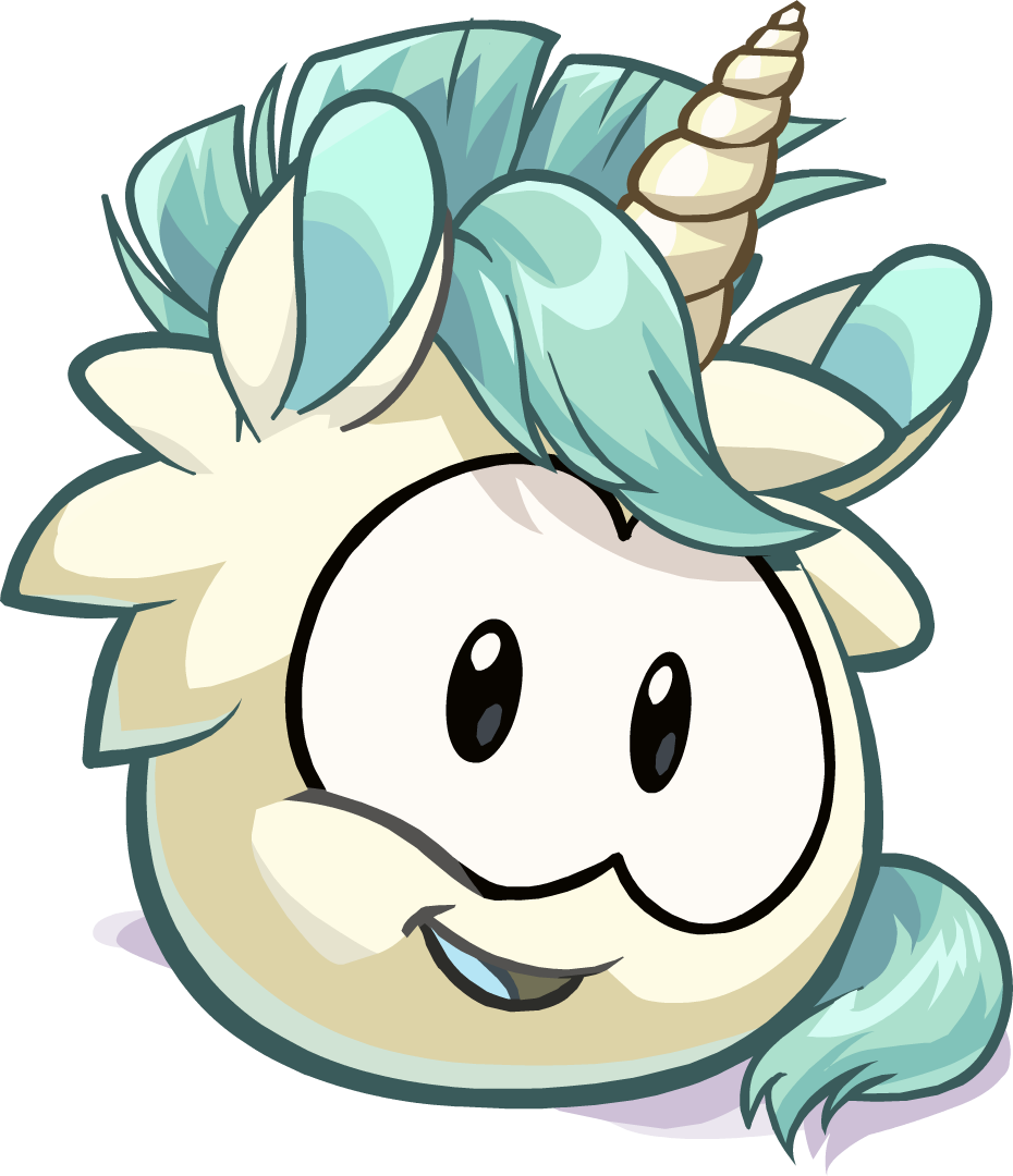 ambiguous_gender blue_hair club_penguin full-length_portrait hair horn horse_ears looking_at_viewer official_art portrait puffle solo tail unicorn_puffle unknown_artist white_body