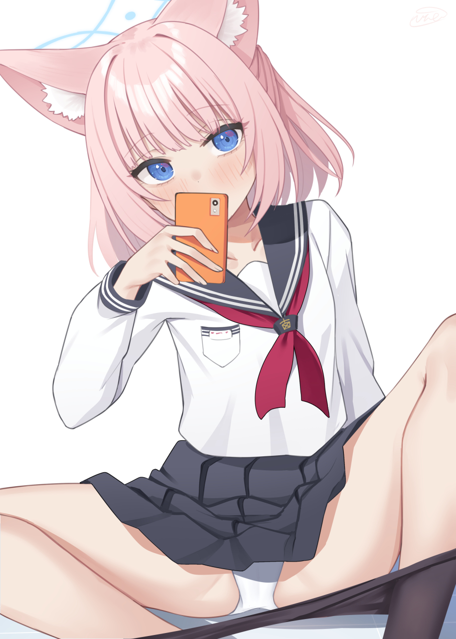 1girl animal_ear_fluff animal_ears binsen black_pantyhose black_sailor_collar black_skirt blue_archive blue_eyes blue_halo blush breasts cellphone clothes_pull collarbone commentary fox_ears fox_girl halo highres holding holding_phone long_sleeves looking_at_viewer miniskirt neckerchief niko_(blue_archive) panties pantyhose pantyhose_pull phone pink_hair pleated_skirt puffy_long_sleeves puffy_sleeves red_neckerchief sailor_collar sailor_shirt school_uniform serafuku shirt short_hair simple_background sitting skirt small_breasts smartphone solo spread_legs underwear white_background white_panties white_shirt