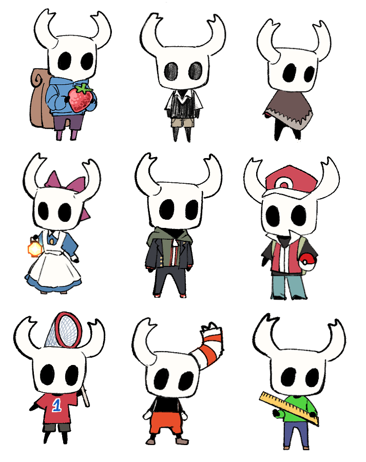 animal_crossing aya_drevis aya_drevis_(cosplay) baldi baldi's_basics baldi_(cosplay) baseball_cap bow buddy_(lisa) buddy_(lisa)_(cosplay) celeste_(video_game) cosplay cuphead cuphead_(cosplay) cuphead_(game) danganronpa:_trigger_happy_havoc danganronpa_(series) empty_eyes food fruit hat holding holding_poke_ball hollow_knight horned_mask knight_(hollow_knight) lisa_(series) looking_at_viewer mad_father madeline_(celeste) madeline_(celeste)_(cosplay) mask naegi_makoto naegi_makoto_(cosplay) no_humans ocohc omori pink_bow poke_ball pokemon red_(pokemon) red_headwear red_shirt shirt short_sleeves simple_background strawberry sunny_(omori) sunny_(omori)_(cosplay) villager_(animal_crossing) villager_(animal_crossing)_(cosplay) white_background