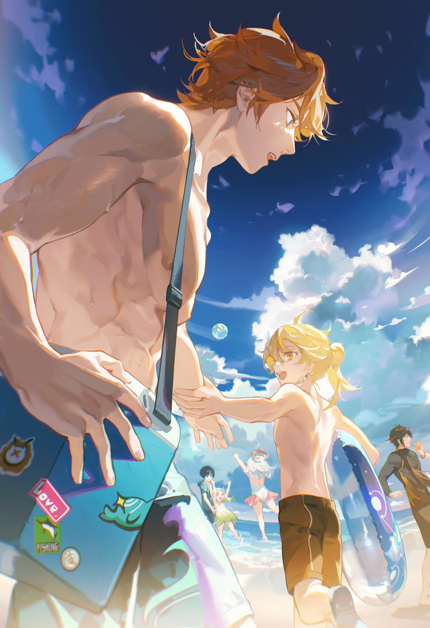 3girls 4boys aether_(genshin_impact) ahoge alternate_hairstyle antenna_hair arm_up armpits arms_up back bag ball bare_back bare_shoulders barefoot beach black_hair black_shirt blonde_hair blue_bag blue_eyes blue_footwear blue_hair blue_shirt blue_shorts blue_sky blunt_ends bracelet brown_shorts cloud cloudy_sky collarbone cross-shaped_pupils dark_blue_hair day dress earrings fingernails flying from_behind genshin_impact gradient_hair gradient_sky green_dress green_eyes green_hair grey_hair hair_between_eyes hair_ornament halo hand_up highres holding holding_innertube hu_tao_(genshin_impact) innertube jewelry leaf_hair_ornament leg_up leotard long_hair long_sleeves looking_at_another looking_back looking_down looking_up mechanical_halo multicolored_hair multiple_boys multiple_girls nahida_(genshin_impact) nipples no_headwear ocean open_mouth orange_hair paimon_(genshin_impact) parted_bangs pectorals pink_skirt pointy_ears ponytail sand sandals scaramouche_(genshin_impact) shadow shirt short_hair short_sleeves shorts side_ponytail single_earring skirt sky sleeveless sleeveless_dress smile sparkle_print standing standing_on_one_leg starfish sticker summer swimsuit symbol-shaped_pupils t-shirt tartaglia_(genshin_impact) teeth tongue two-tone_dress water white_dress white_leotard yellow_eyes yurayura_(mdeh5447) zhongli_(genshin_impact)