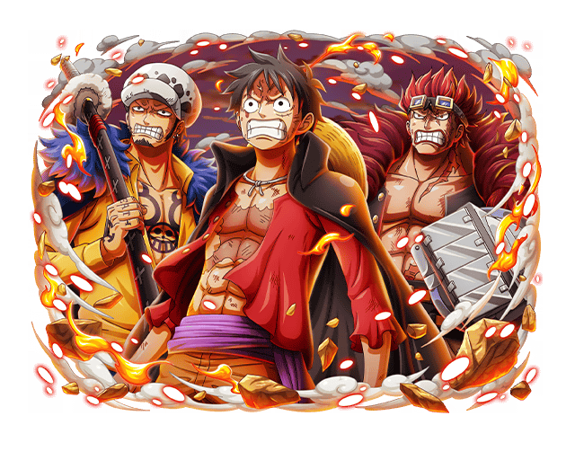3boys abs black_cloak black_hair chest_tattoo clenched_teeth cloak eustass_kid fire game_cg goggles goggles_on_head hat holding holding_sword holding_weapon monkey_d._luffy multiple_boys official_art one_piece one_piece_treasure_cruise ootachi open_clothes open_shirt red_hair red_shirt shirt short_hair straw_hat sword tattoo teeth trafalgar_law upper_body weapon