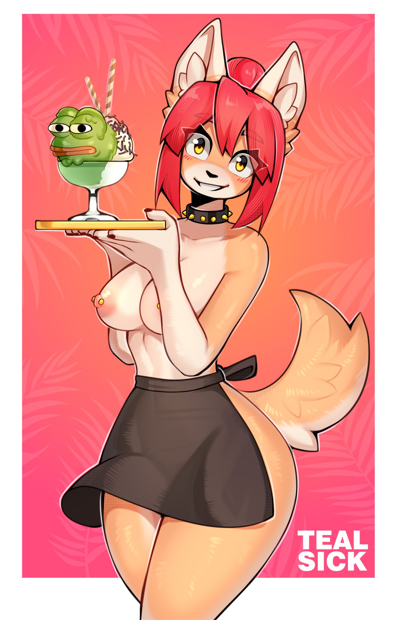 anthro apron apron_only breasts canid canine canis clothed clothing collar dessert domestic_dog female food fur hair heiko_(domasarts) hi_res ice_cream looking_at_viewer mammal meme mostly_nude nipple_piercing nipples pepe_the_frog piercing red_hair serving_tray smile solo spiked_collar spikes standing sundae tan_body tan_fur tealsick topless waiter wide_hips