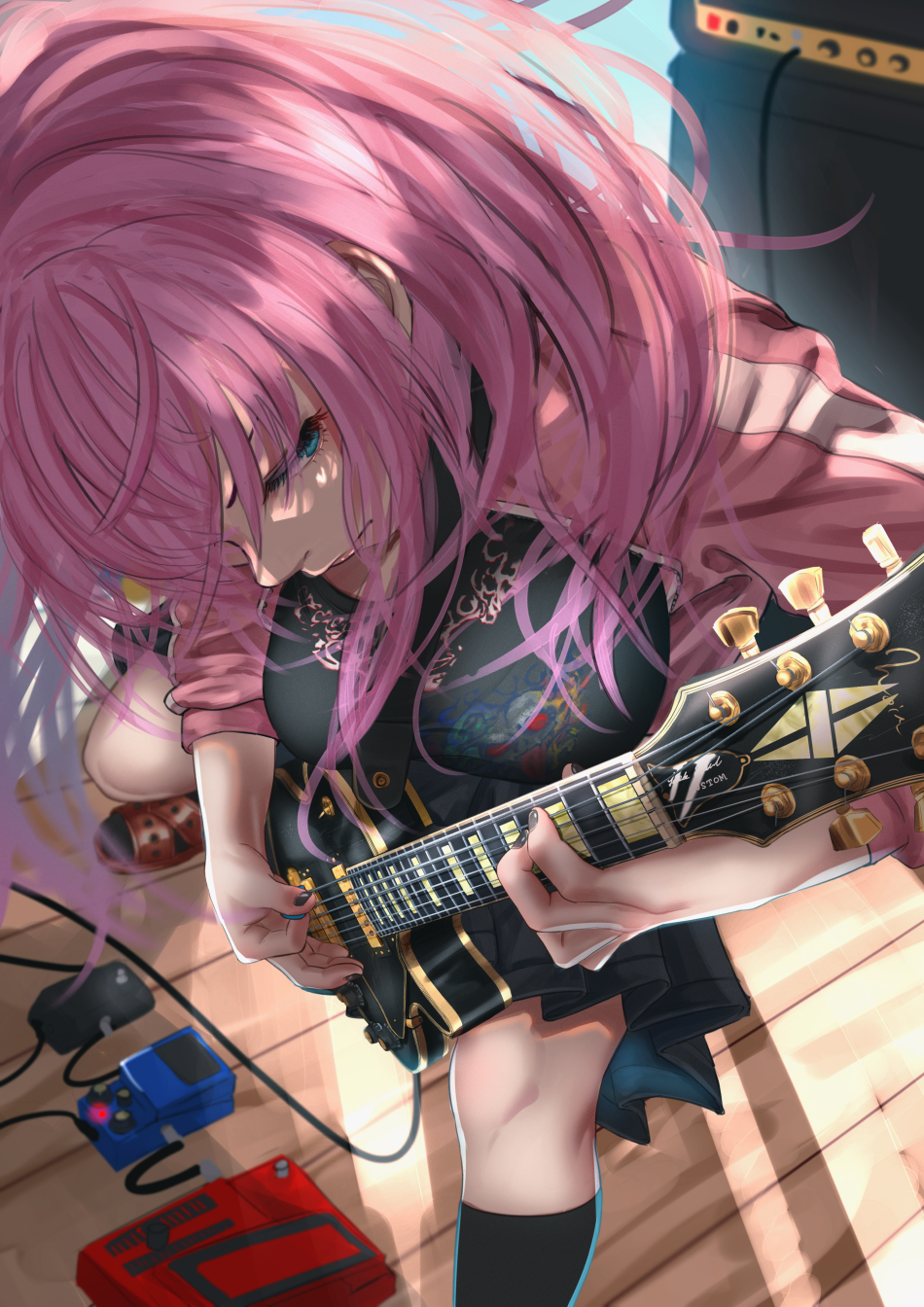 1girl black_nails black_skirt black_socks blue_eyes blue_skirt bocchi_the_rock! breasts closed_mouth commentary_request day eyebrows_hidden_by_hair eyelashes foreshortening from_above gotoh_hitori guitar hair_between_eyes hair_spread_out highres holding holding_instrument holding_plectrum instrument jacket large_breasts lips long_hair long_sleeves looking_at_viewer looking_up miniskirt music nail_polish noir_(nowaru) nose open_clothes open_jacket paid_reward_available pink_hair pink_jacket playing_instrument pleated_skirt plectrum profile serious skirt socks solo speaker standing