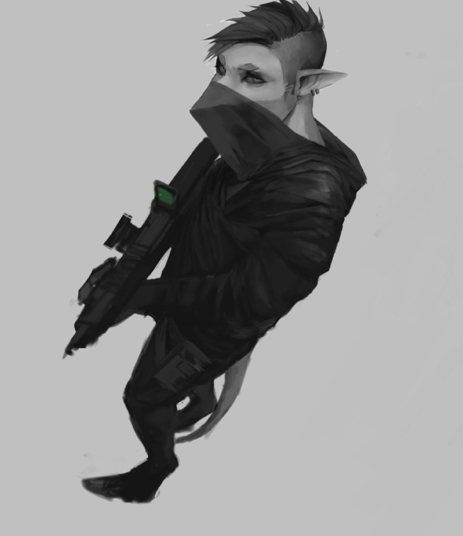 akrolayn anthro biped black_bottomwear black_clothing black_footwear black_pants black_shoes bottomwear brown_clothing brown_hair brown_topwear clothed clothing covered_face covering covering_face digital_media_(artwork) digital_painting_(artwork) ear_piercing footwear full-length_portrait fully_clothed geodis geodis_(species) grey_body grey_eyes grey_sclera grey_skin grey_tail gun hair high-angle_view holding_gun holding_object holding_weapon jack_(akrolayn) looking_at_viewer male pants piercing portrait ranged_weapon simple_background solo standing tan_background topwear weapon