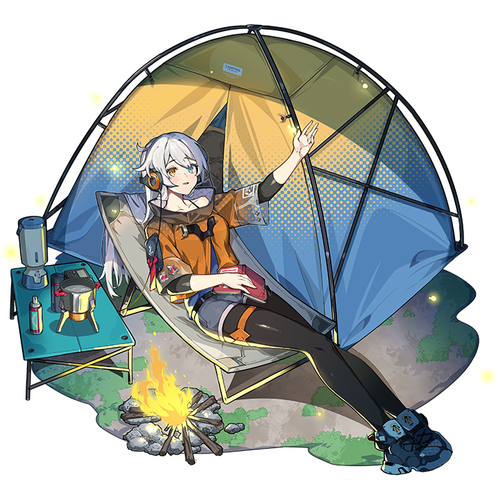 1girl belt blue_eyes blue_footwear book campfire full_body headphones honkai_(series) honkai_impact_3rd kiana_kaslana listening_to_music long_hair official_art shorts sitting table tent thigh_strap thighhighs third-party_source transparent_background yellow_eyes