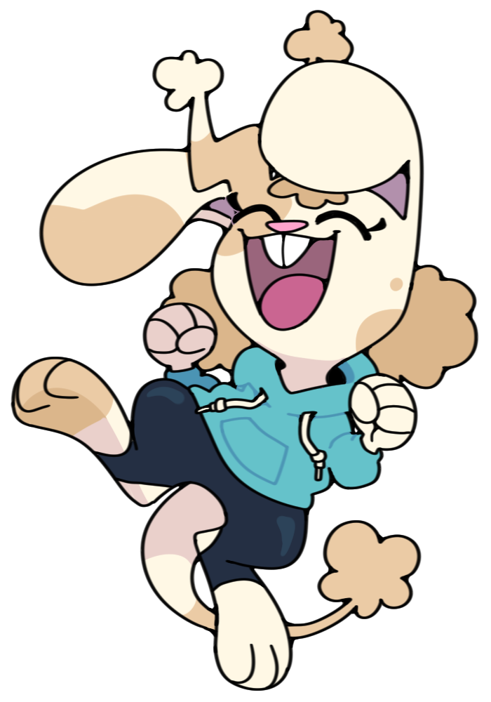 2023 alpha_channel anthro buckteeth clothing demon demon_rabbit discount-supervillain eyes_closed female fist happy hoodie jumping lagomorph leporid mammal open_mouth open_smile rabbit simple_background smile solo stirrup_legwear teeth topwear transparent_background