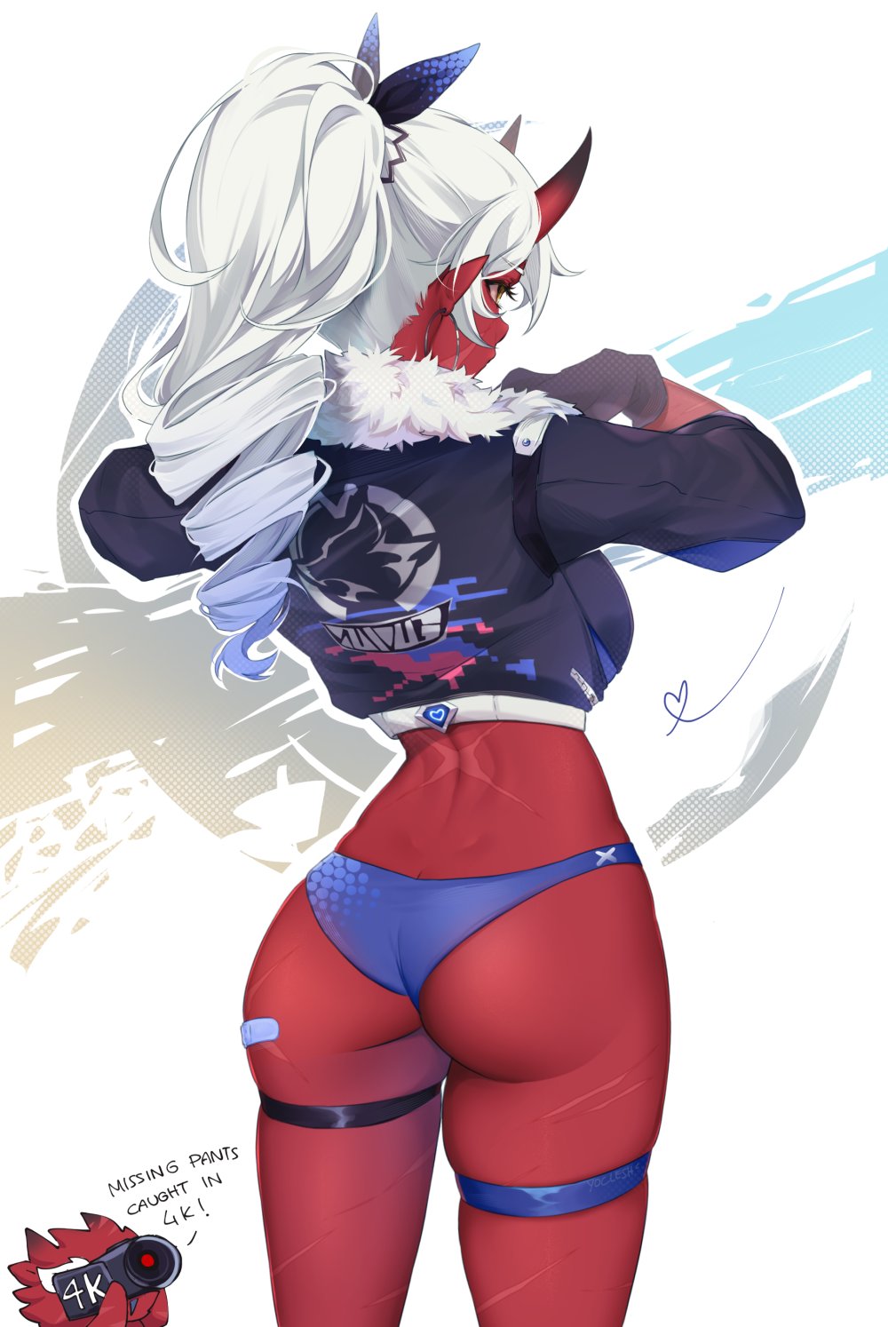 1girl akumi_(yoclesh) ass black_gloves black_jacket blue_panties breasts colored_skin commentary drill_hair earrings english_commentary english_text from_behind fur-trimmed_jacket fur_trim gloves highres hoop_earrings horns jacket jewelry long_hair long_sleeves medium_breasts oni_horns panties ponytail red_horns red_skin solo_focus standing thigh_strap underwear video_camera virtual_youtuber vyugen white_hair yoclesh