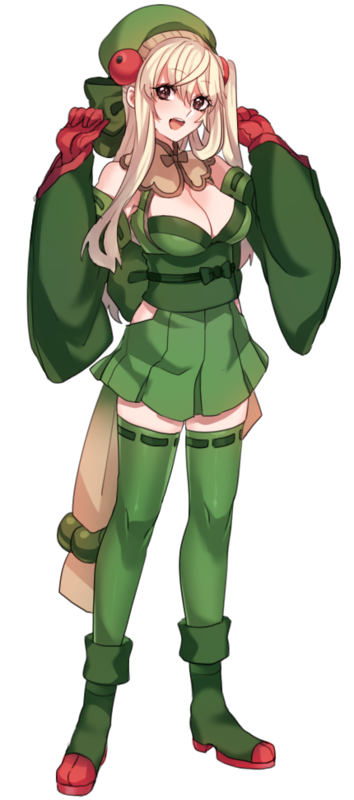 1girl blonde_hair boots bow breasts breloom brown_bow brown_eyes cleavage detached_sleeves full_body gloves green_bow green_footwear green_sash green_sleeves green_thighhighs hair_between_eyes hands_up katagiri_hachigou long_hair long_sleeves medium_breasts open_mouth personification pokemon red_footwear red_gloves ribbon-trimmed_legwear ribbon_trim sash simple_background solo teeth thighhighs upper_teeth_only white_background wide_sleeves