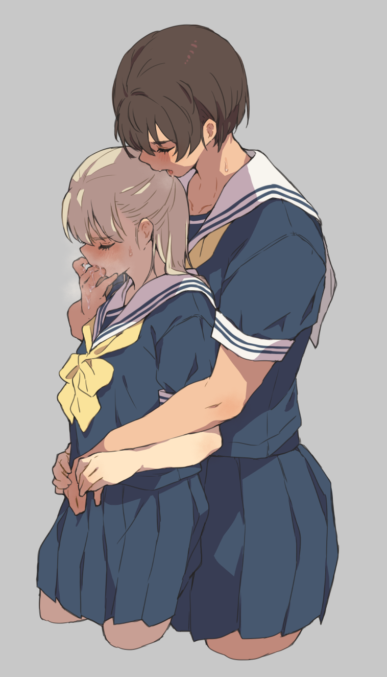 2girls blonde_hair blush brown_hair closed_eyes crotch_grab finger_in_another's_mouth height_difference highres kei_(m_k) m_k multiple_girls rika_(m_k) saliva school_uniform size_difference tall tall_female tomboy yuri