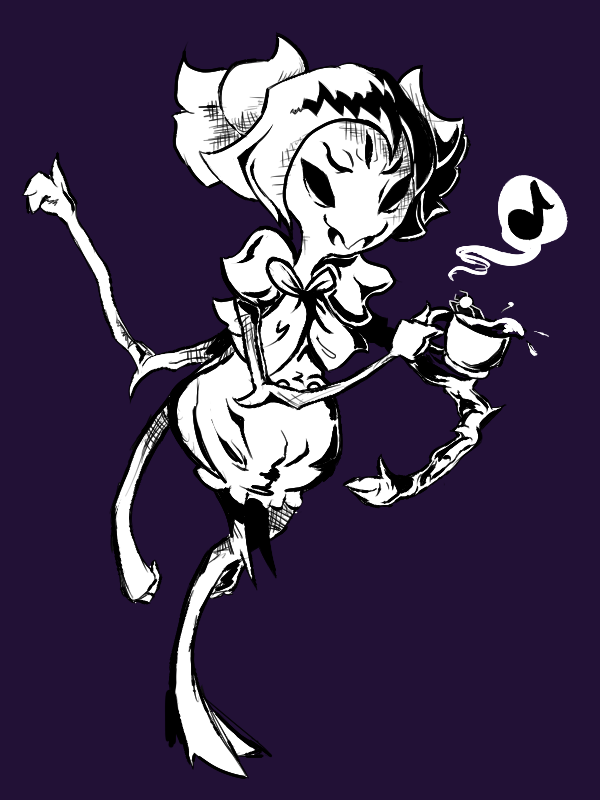 5_eyes 6_arms anthro arachnid arthropod black_and_white container cup eighth_note female hair monochrome muffet multi_arm multi_eye multi_limb musical_note purple_background simple_background solo spider tea_cup tied_hair undertale undertale_(series) wednesdaysspecial