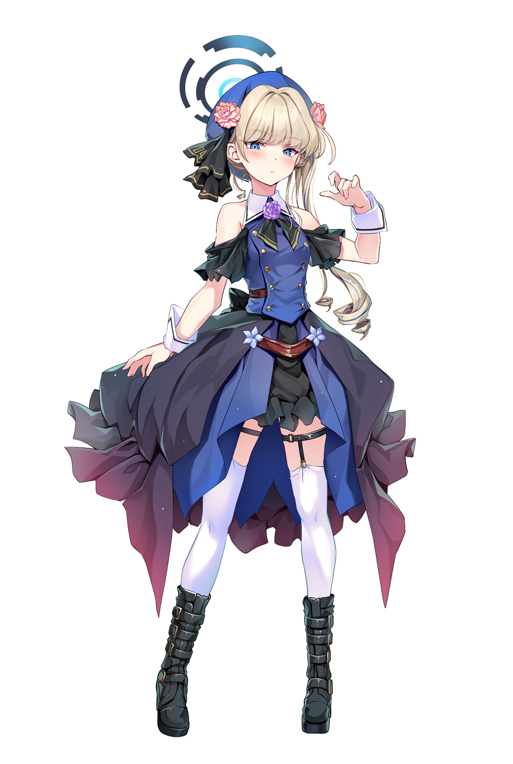 alternate_costume alternate_hairstyle arm_up bare_shoulders black_dress blonde_hair blue_archive blue_dress blue_eyes boots breasts closed_mouth collar dress expressionless flower full_body garter_straps halo highres knee_boots long_hair looking_at_viewer medium_breasts moeki_yuuta multicolored_clothes pink_flower puffy_dress purple_flower simple_background thigh_strap thighhighs toki_(blue_archive) white_background white_collar white_thighhighs wrist_cuffs