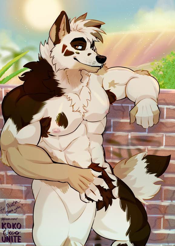 animal_humanoid anthro areola armpit_hair armpit_tuft barazoku body_hair brown_body brown_eyes brown_fur brown_hair canid canid_humanoid canine canine_humanoid canis chest_tuft closed_hands crotch_tuft detailed_background domestic_dog fur hair hands_on_crotch humanoid koko2unite leaning leaning_on_wall looking_at_viewer male mammal mammal_humanoid multicolored_body multicolored_fur multicolored_hair multicolored_tail muscular muscular_anthro muscular_humanoid muscular_male muscular_thighs nipples nude obliques pink_nipples pourwatter smile smiling_at_viewer suburb sun syalanko tail tail_tuft three_tone_ears three_tone_face tuft tufted_ears wall_(structure) white_body white_fur