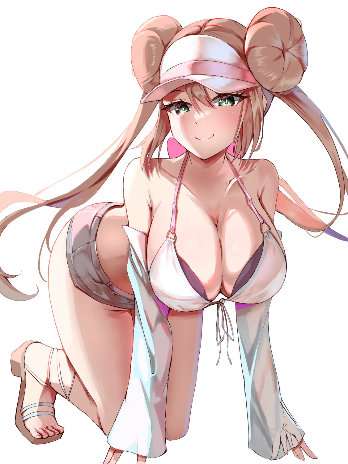 1girl all_fours breasts brown_hair collarbone double_bun green_eyes hair_bun highres large_breasts long_sleeves momdy_(talesshinja) open_clothes open_shirt pokemon pokemon_(game) pokemon_bw2 rosa_(pokemon) short_shorts shorts simple_background solo twintails visor_cap