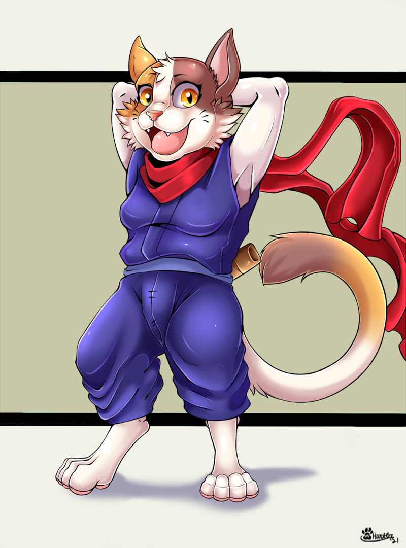 2021 anthro clothed clothing domestic_cat doodle_champion_island_games ears_up fangs felid feline felis female fur google google_doodle hands_behind_head looking_at_viewer lucky_(google) mammal marcushunter open_mouth raised_tail red_scarf scarf signature smile smiling_at_viewer solo standing sword_sheath tail teeth tongue wide_eyed