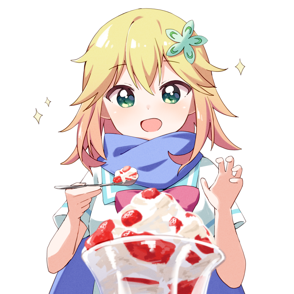 1girl blonde_hair blue_scarf commission food fruit gabriel_dropout green_eyes hair_between_eyes hair_ornament haru_(konomi_150) holding holding_spoon open_mouth parfait pixiv_commission scarf short_hair short_sleeves simple_background smile solo sparkle spoon strawberry strawberry_parfait tapris_chisaki_sugarbell white_background