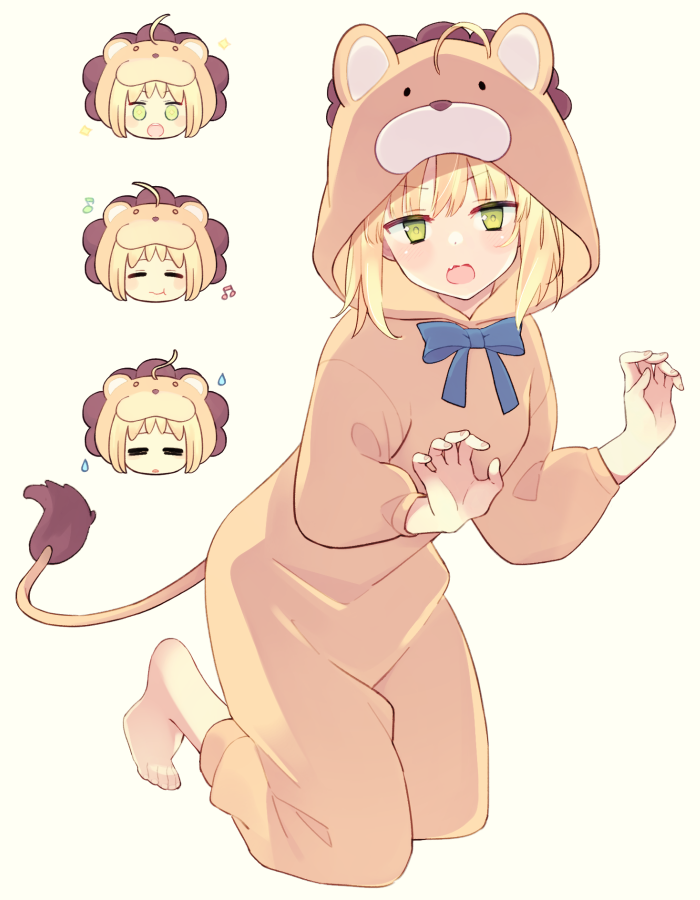 1girl 87banana =_= ahoge animal_costume artoria_pendragon_(fate) barefoot blonde_hair blue_bow bow chibi chibi_inset claw_pose expressions fake_tail fate/stay_night fate_(series) full_body green_eyes kneeling lion_costume looking_at_viewer musical_note open_mouth pajamas saber sidelocks simple_background sparkle sweatdrop tail white_background