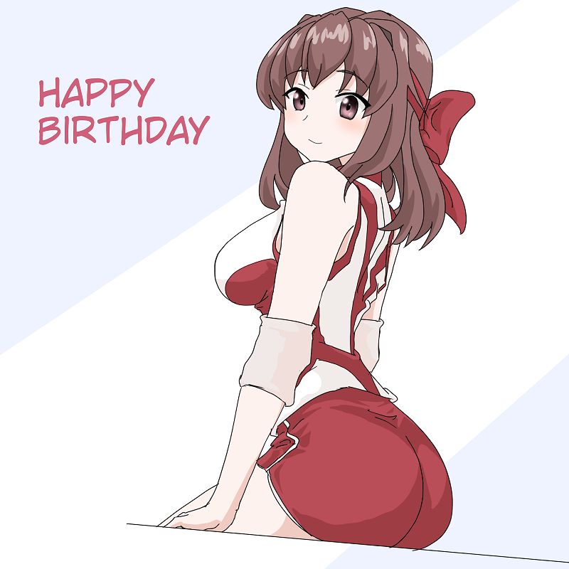 birthday brown_eyes brown_hair closed_mouth commentary elbow_pads from_behind girls_und_panzer happy_birthday headband kondou_taeko looking_at_viewer looking_back medium_hair red_headband red_shirt red_shorts ruri_(ruri_) shirt short_shorts shorts single_vertical_stripe sitting sleeveless sleeveless_shirt smile solo sportswear volleyball_uniform