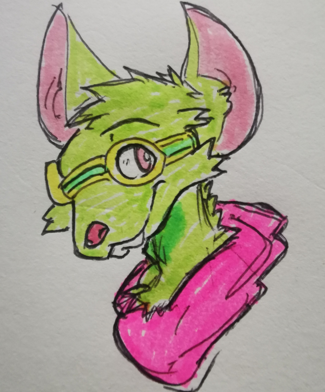 2021 anthro big_ears clothing eyewear eyewear_on_head fur goggles goggles_on_head green_body green_eyewear green_fur green_goggles green_hair hair hi_res league_of_legends male mammal murid murine pink_ears portrait rat red_clothing red_nose replay2011 riot_games rodent simple_background smile snout solo teeth traditional_media_(artwork) twitch_(lol) white_background yellow_eyewear yellow_goggles