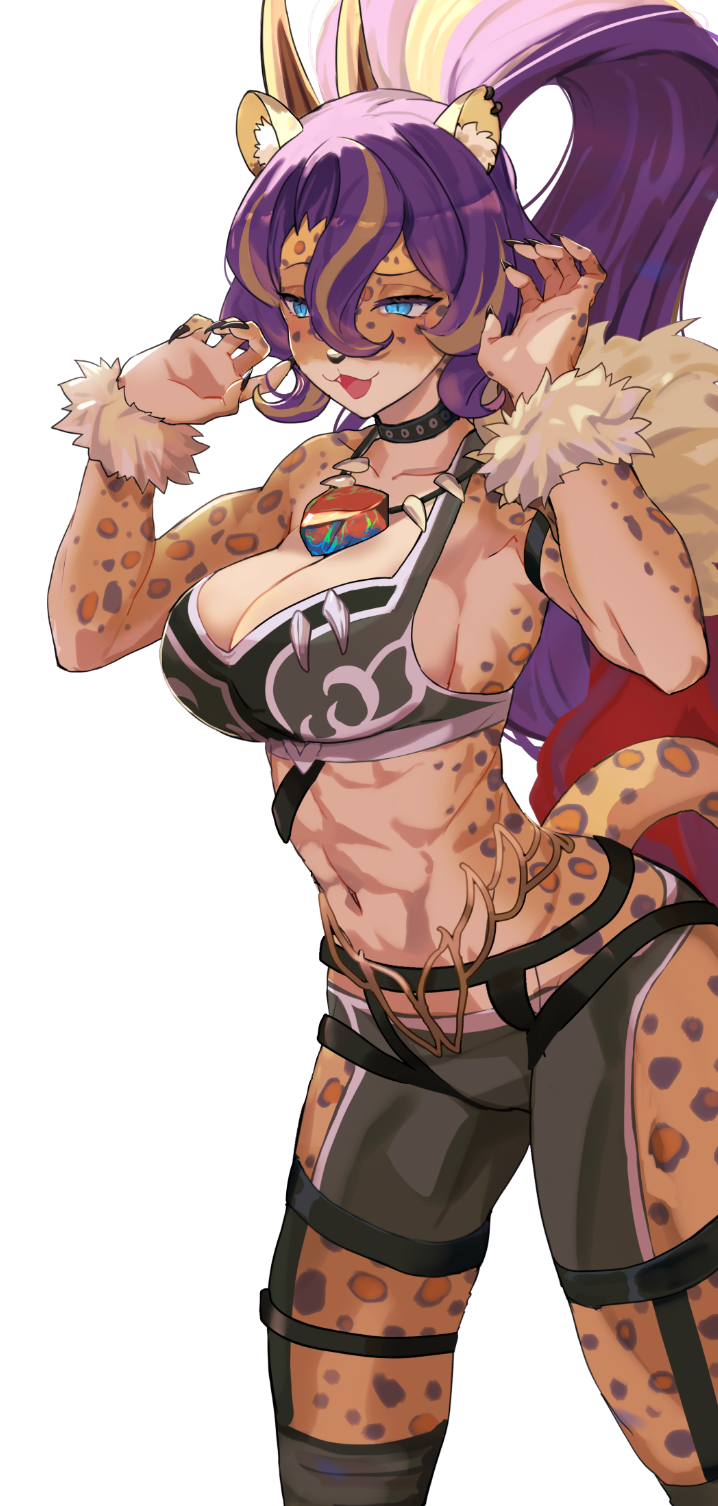 5_fingers abs anthro blonde_highlights blue_eyes bottomwear breasts claws cleavage clothed clothing eyebrows felid female finger_claws fingers fur hair hi_res highlights_(coloring) hsin jaguar leopard_spots mammal markings midriff multicolored_hair open_mouth pantherine purple_hair simple_background solo spots spotted_body spotted_markings spotted_tail tail tail_markings tongue topwear two_tone_hair vanquish_soul vanquish_soul_vs_panthera white_background yu-gi-oh!