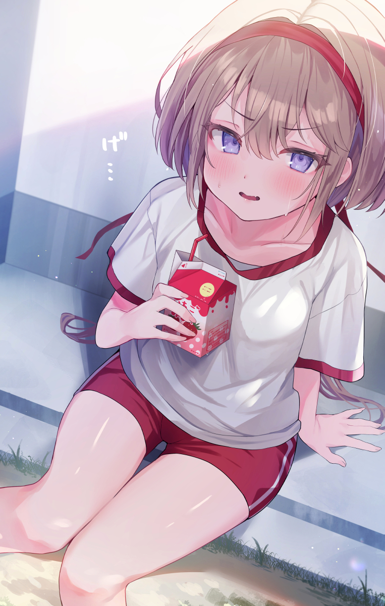 1girl arm_support bendy_straw blush breasts brown_hair collarbone commentary_request day drinking_straw ebihara_beniko gym_shirt gym_shorts gym_uniform hair_between_eyes hair_intakes hairband highres holding knees_together_feet_apart long_hair looking_at_viewer original outdoors parted_lips purple_eyes red_hairband red_shorts shirt short_shorts short_sleeves shorts small_breasts solo sweat thigh_gap very_long_hair white_shirt