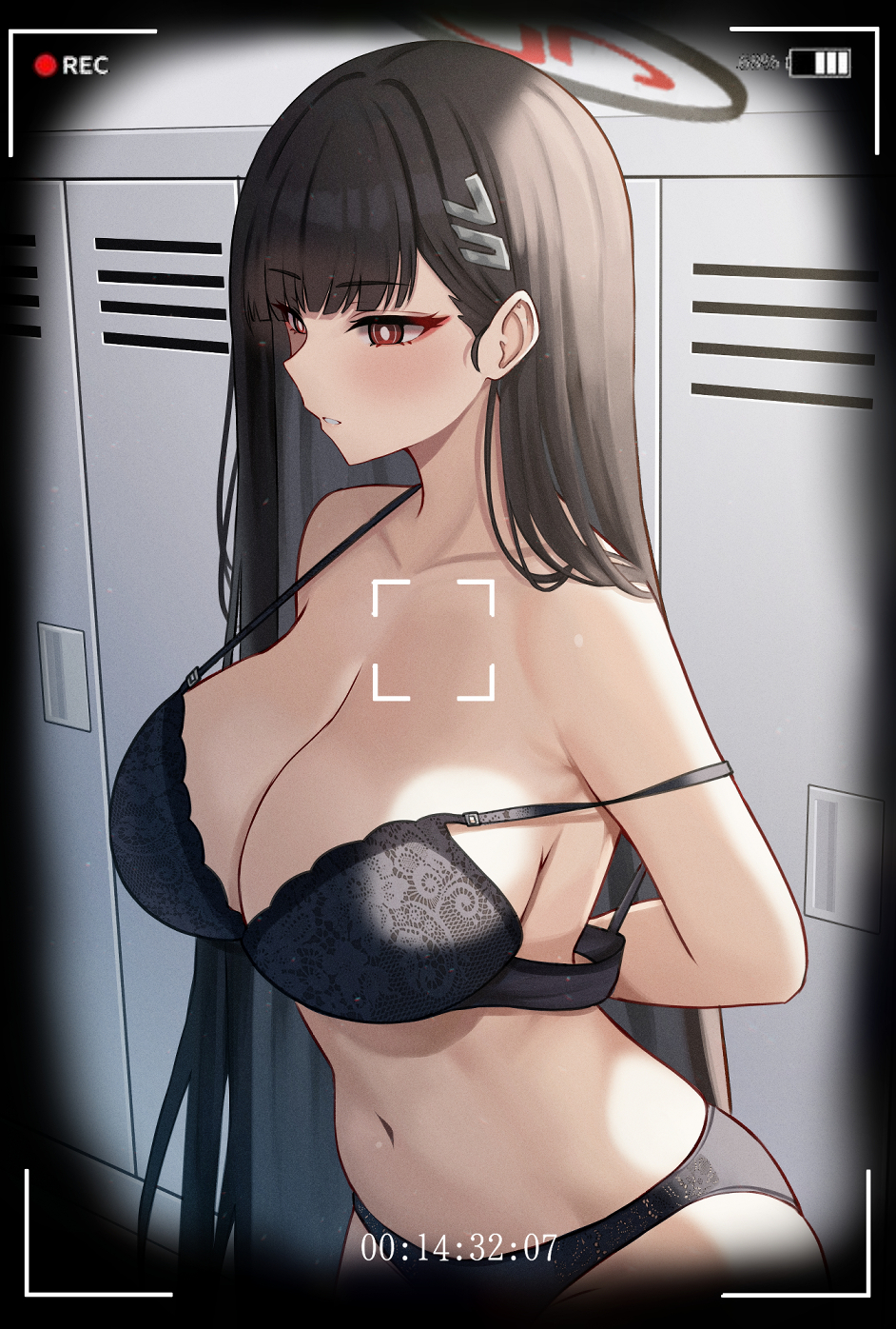 1girl adjusting_bra adjusting_clothes bare_shoulders black_hair black_halo black_panties blue_archive blush bra breasts cleavage collarbone commentary hair_behind_ear hair_ornament hairclip hairpin halo highres indoors large_breasts locker locker_room long_hair looking_ahead mijikayo_(user_eyyx8247) navel panties parted_bangs parted_lips record recording red_eyes red_halo rio_(blue_archive) solo stomach straight_hair strap_gap strap_slip symbol-only_commentary underwear upper_body