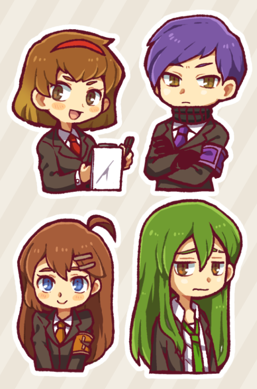 ahoge armband black_jacket black_sweater blue_eyes brown_armband brown_eyes brown_hair brown_necktie closed_mouth collared_shirt commentary_request crossed_arms eyebrow_cut frown green_hair green_necktie grey_background hair_between_eyes hair_ornament hairband hairclip hatake_shimeji hod_(project_moon) holding holding_notepad holding_pen jacket lobotomy_corporation long_hair long_sleeves malkuth_(project_moon) necktie netzach_(project_moon) notepad open_clothes open_jacket open_mouth outline pen project_moon purple_armband purple_hair purple_necktie red_hairband red_necktie ribbed_sweater shirt short_hair simple_background smile striped striped_background sweater wavy_mouth white_outline white_shirt yesod_(project_moon)