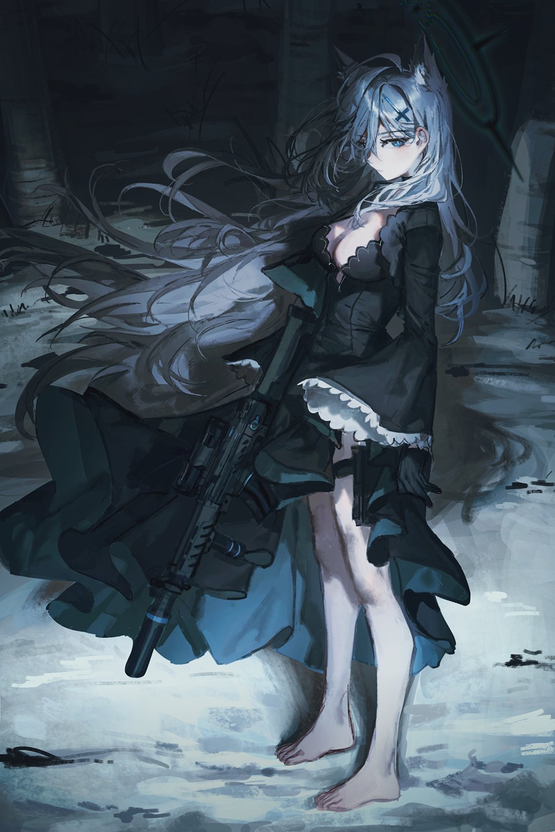 1girl animal_ear_fluff animal_ears assault_rifle barefoot black_dress black_gloves black_halo blue_archive blue_eyes breasts broken_halo cleavage closed_mouth cross cross_hair_ornament dress expressionless extra_ears feet floating_clothes floating_hair forest frilled_sleeves frills gloves grey_hair gun hair_behind_ear hair_between_eyes hair_ornament halo highres holding holding_gun holding_weapon inverted_cross large_breasts long_dress long_hair long_sleeves looking_at_viewer nature outdoors quasarcake rifle scope shiroko_(blue_archive) shiroko_(terror)_(blue_archive) sig_sg550 snow solo standing suppressor thigh_strap toes tree vertical_foregrip very_long_hair weapon wide_sleeves wolf_ears