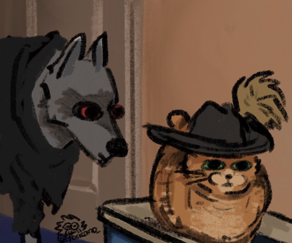 all_fours black_nose black_pupils black_sclera building canid canine canis cloak clothed clothing death_(puss_in_boots) domestic_cat door dreamworks duo facial_markings felid feline felis feral feralized fluffy frown fur green_eyes green_sclera grey_body grey_fur hat_feather head_markings headgear headwear house humor inside litter_box loaf looking_at_another looking_down loose_feather male mammal markings mask_(marking) meme mostly_nude orange_body orange_fur poncho prick_ears pupils puss_in_boots_(dreamworks) puss_in_boots_(film) puss_in_boots_the_last_wish red_eyes redraw signature stare tabby_cat toacano wall_(structure) whiskers white_body white_fur wolf