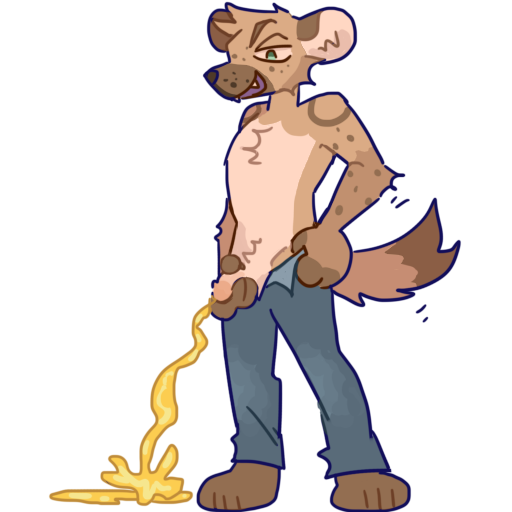 alpha_channel anthro bodily_fluids bottomwear bottomwear_down clothed clothing genital_fluids genitals guncht humanoid_genitalia humanoid_penis hyena male mammal pants pants_down partially_clothed peeing penis simple_background solo spotted_hyena telegram_sticker transparent_background urine urine_stream