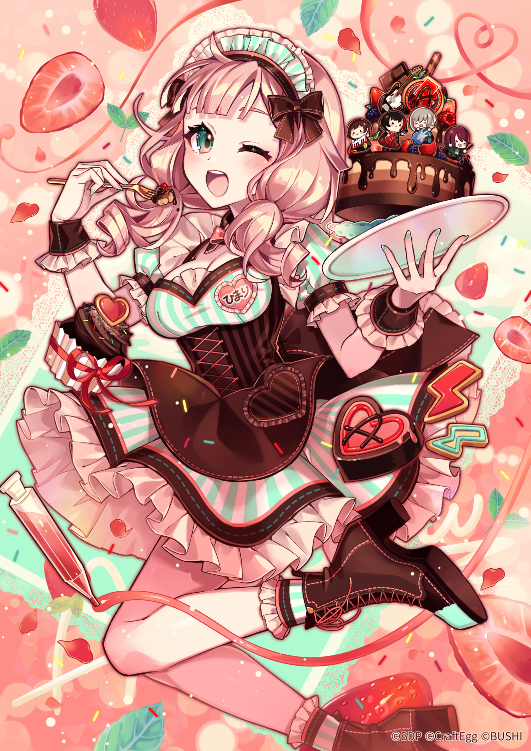 1girl ;d afterglow_(bang_dream!) aoba_moca apron bang_dream! bangs blush boots breasts brown_apron brown_footwear cake cleavage commentary_request cross-laced_footwear dress eyebrows_hidden_by_hair food fork frilled_dress frilled_socks frills fruit green_eyes hair_over_shoulder hazawa_tsugumi high_heel_boots high_heels highres holding holding_fork holding_plate lace-up_boots long_hair looking_at_viewer low_twintails medium_breasts mitake_ran nou_(nounknown) one_eye_closed pink_hair plate puffy_short_sleeves puffy_sleeves short_sleeves smile socks solo strawberry striped striped_dress striped_socks twintails udagawa_tomoe uehara_himari vertical-striped_dress vertical-striped_socks vertical_stripes wrist_cuffs