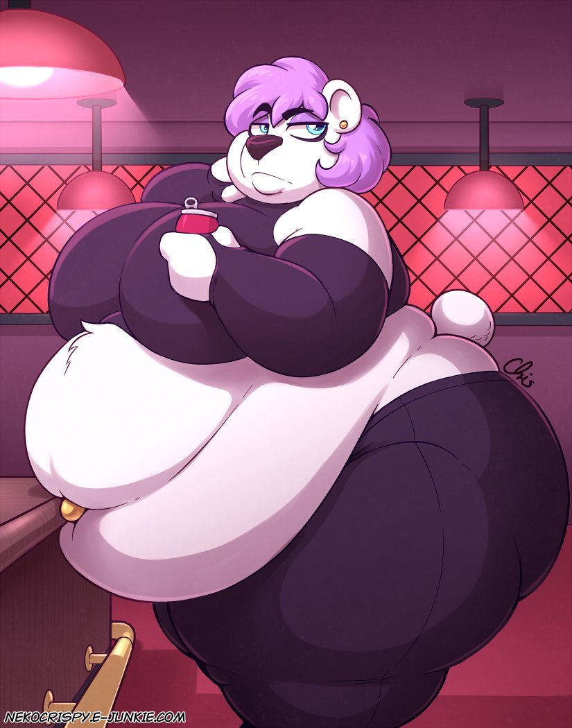 anthro bear belly beverage beverage_can big_belly big_breasts big_butt black_bottomwear black_clothing black_topwear blue_eyes bottomwear breasts butt clothing detailed_background ear_piercing eyeshadow female fur hair hanging_belly holding_beverage holding_object huge_belly looking_back makeup mammal midriff navel navel_piercing nekocrispy obese obese_anthro obese_female overweight overweight_anthro overweight_female pants piercing polar_bear purple_hair side_view signature snow_(nekocrispy) solo standing tail text topwear unimpressed url ursine white_body white_fur