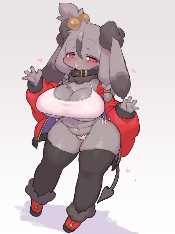 &lt;3 anthro biped black_body black_fur blush breasts clothed clothing fur lagomorph leporid male mammal open_mouth rabbit red_eyes rikose simple_background solo