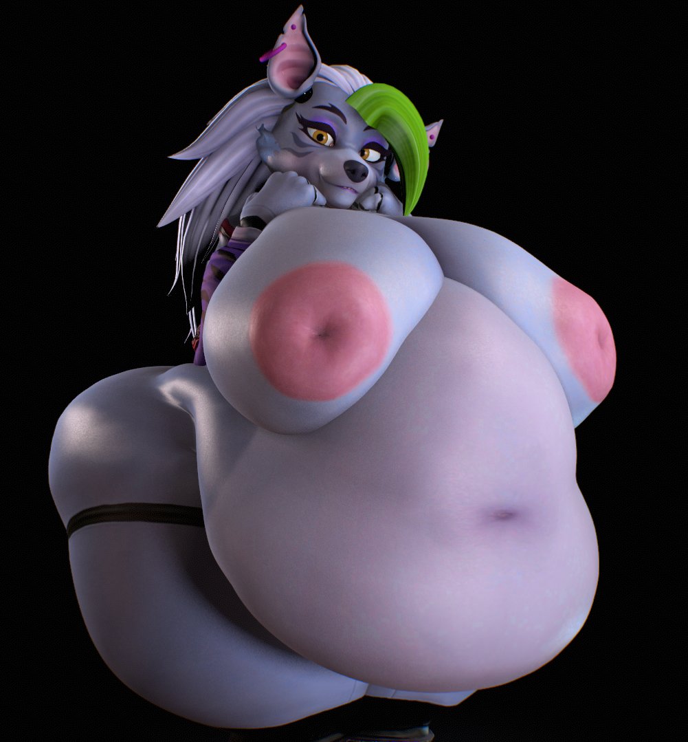 3d_(artwork) anthro areola belly big_breasts black_background breasts canid canine canis claws clothed clothing curvy_figure digital_media_(artwork) feet female five_nights_at_freddy's five_nights_at_freddy's:_security_breach fur green_claws hair hand_behind_back hand_on_head huge_belly huge_breasts inverted_nipples looking_at_viewer mammal multicolored_body multicolored_fur multicolored_hair nipples overweight overweight_anthro overweight_female panties pink_nipples puffy_areola purple_ear_ring red_clothing red_panties red_underwear roxanne_wolf_(fnaf) scottgames simple_background skylerhatesalice solo steel_wool_studios thick_thighs toes topless underwear voluptuous wide_hips wolf