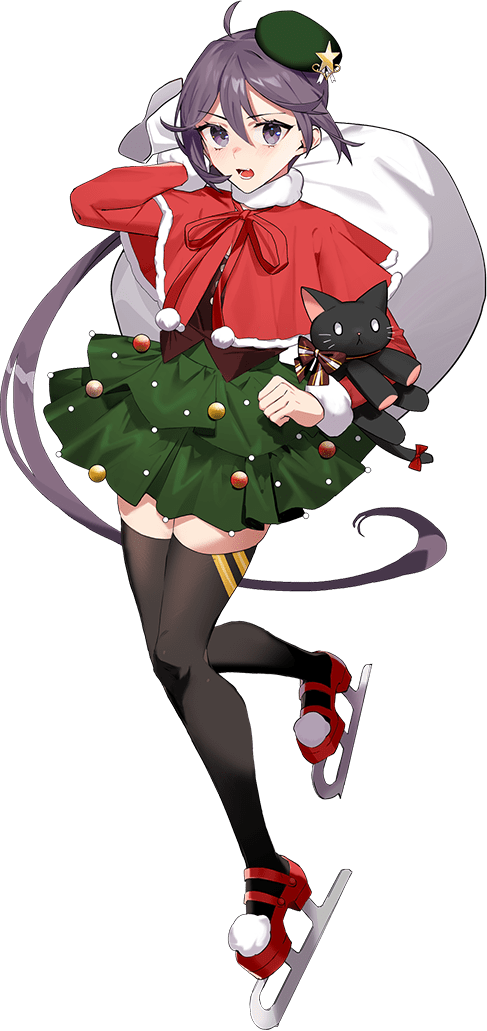 1girl akebono_(kancolle) capelet christmas doll drew_(drew213g) full_body hat kantai_collection long_hair looking_at_viewer open_mouth sack side_ponytail skate solo stuffed_animal stuffed_cat stuffed_toy thighhighs transparent_background very_long_hair