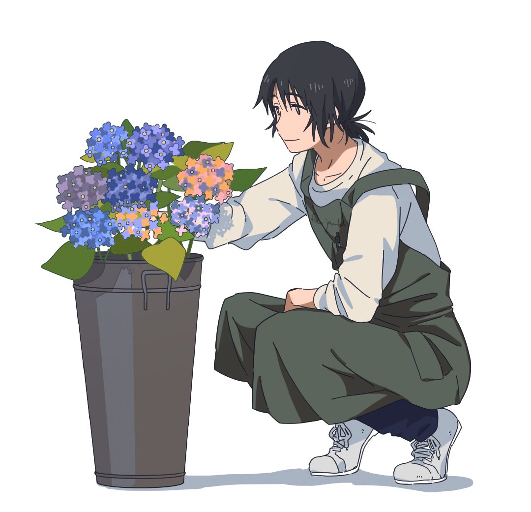 1boy apron black_eyes black_hair blue_flower blue_pants closed_mouth commentary_request flower full_body green_apron hydrangea leaf long_sleeves male_focus marutei2 mr._koiwai pants purple_flower shirt shoes short_hair simple_background smile sneakers solo squatting vase white_background white_footwear white_shirt yotsubato!