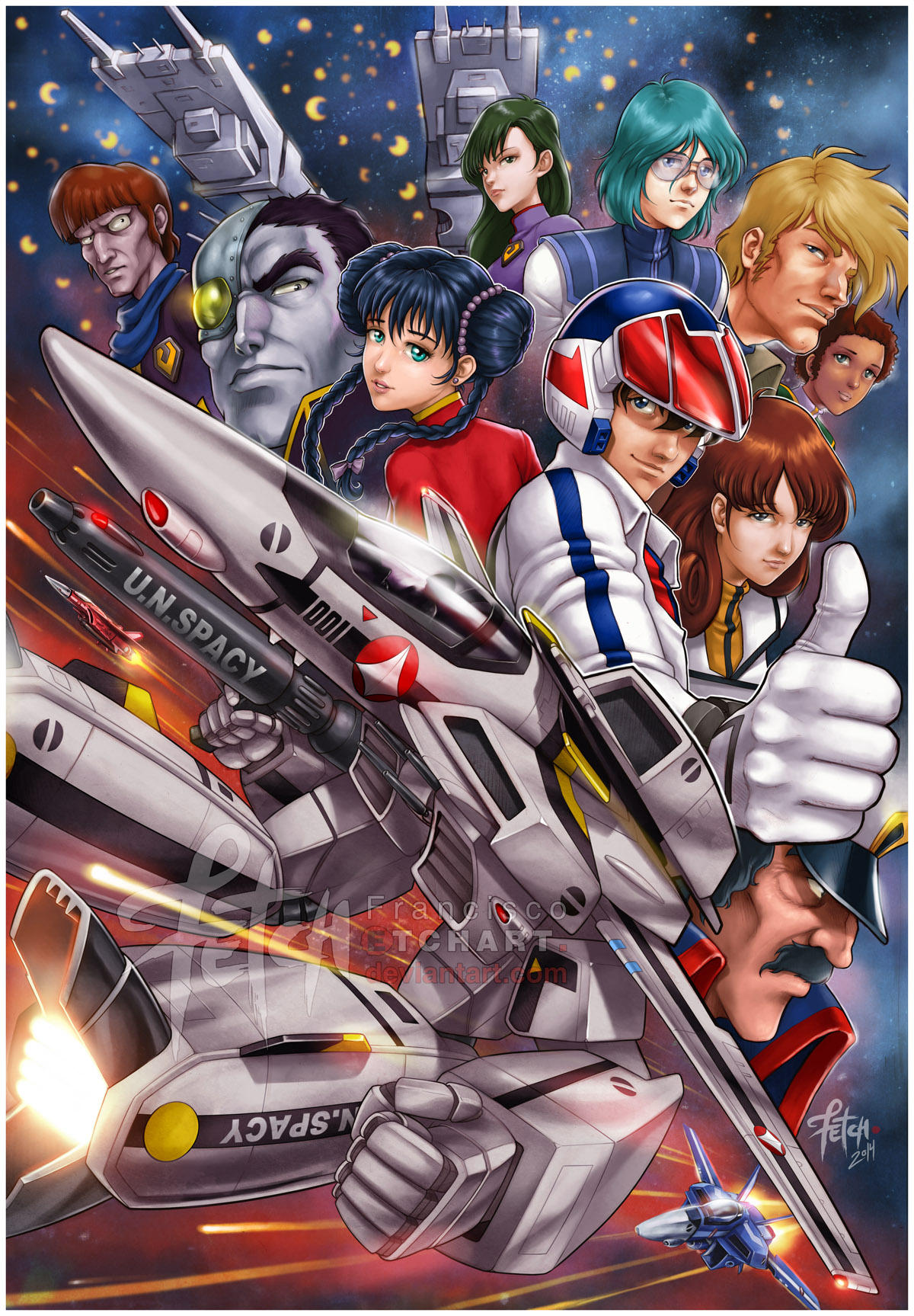 4girls 6+boys battle breetai bruno_j._global china_dress chinese_clothes choujikuu_yousai_macross claudia_lasalle cyborg dress exedore explosion exsedol_folmo faceplate fleet franciscoetchart gerwalk giant gunpod hayase_misa highres ichijou_hikaru lisa_hayes looking_at_viewer lynn_minmay maclone macross maximilian_jenius mecha millia_jenius multiple_boys multiple_girls pilot_suit rick_hunter robot robotech roundel roy_focker science_fiction sdf-1 signature space spacecraft spacesuit thumbs_up u.n._spacy variable_fighter veritech vf-1 vf-1s western_comics_(style) zentradi