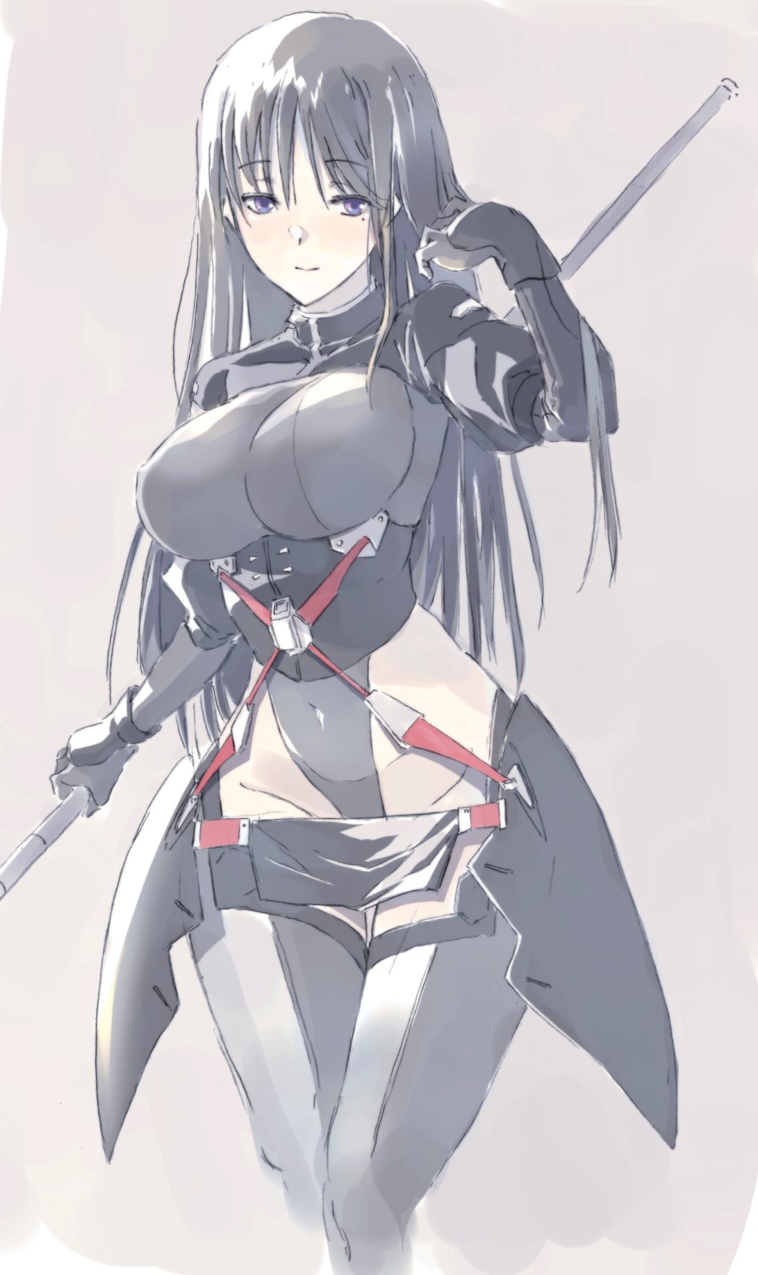 1girl alice_gear_aegis armor black_gloves breasts closed_mouth gloves grey_leotard grey_thighhighs hand_in_own_hair highleg highleg_leotard highres holding holding_polearm holding_weapon kagome_misaki large_breasts leotard long_hair looking_at_viewer mole mole_under_eye polearm purple_eyes shrug_(clothing) simple_background solo suzumaru thighhighs weapon