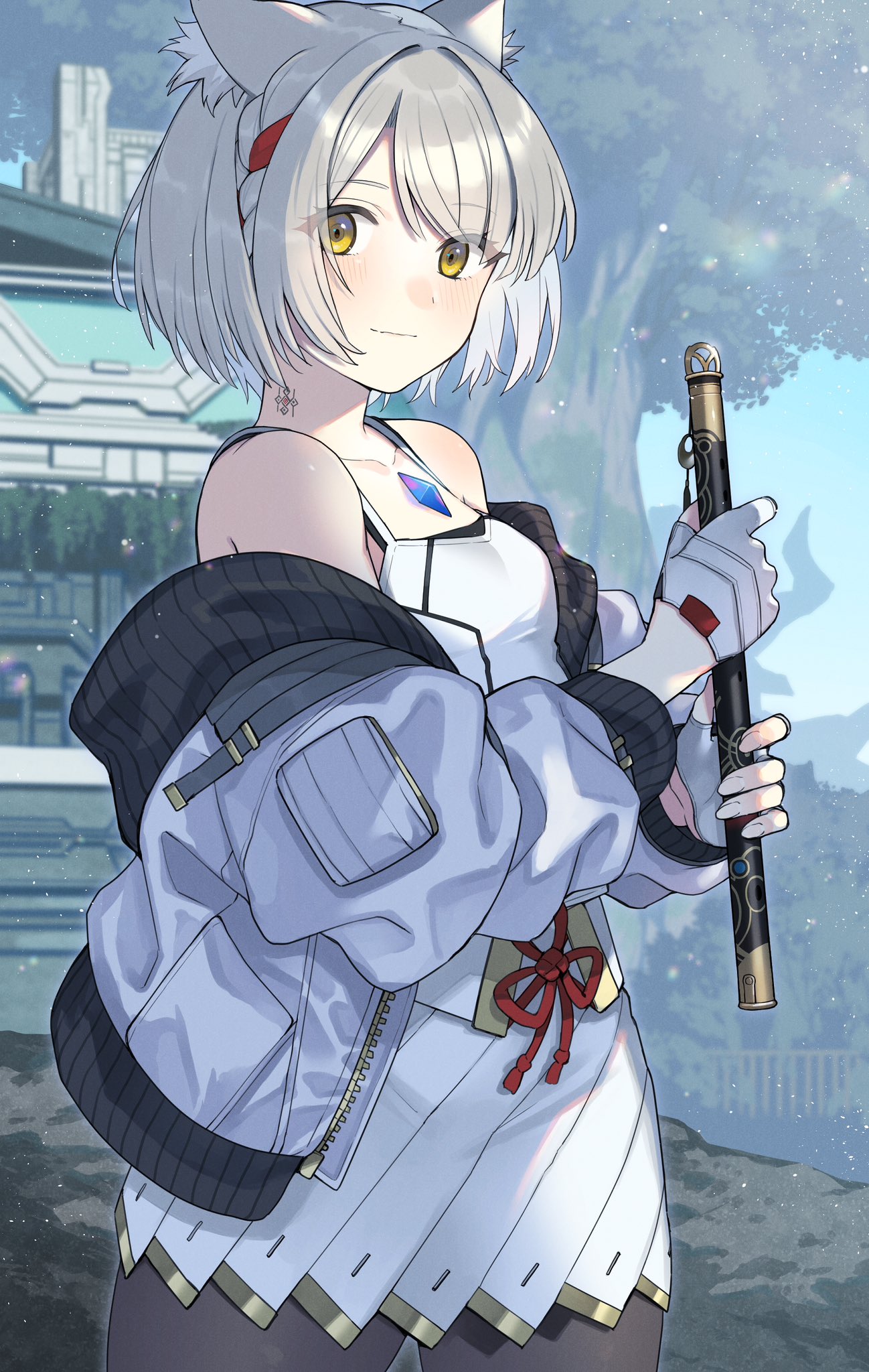 1girl animal_ears blush breasts camisole cat_ears chest_jewel flute grey_hair highres instrument jacket kinagi_(3307377) looking_at_viewer mio_(xenoblade) pantyhose short_hair simple_background skirt small_breasts smile solo tank_top white_camisole white_hair white_jacket white_skirt white_tank_top xenoblade_chronicles_(series) xenoblade_chronicles_3 yellow_eyes