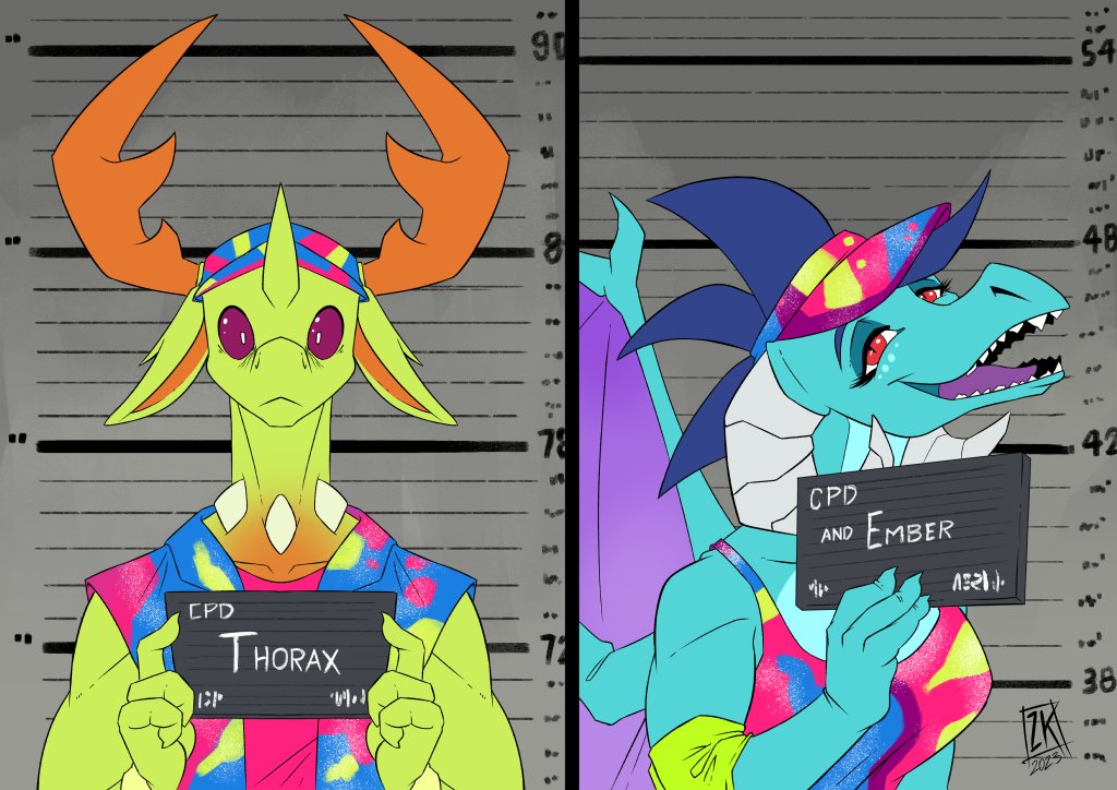 anthro anthrofied arthropod barbie_and_ken_mugshot_meme blue_body blue_scales changeling clothing dragon fangs friendship_is_magic hasbro holding_object horn mandibles meme mugshot my_little_pony open_mouth pose princess_ember_(mlp) purple_eyes red_eyes reformed_changeling scales sharp_teeth teeth thorax_(mlp) tie_dye visor zwitterkitsune