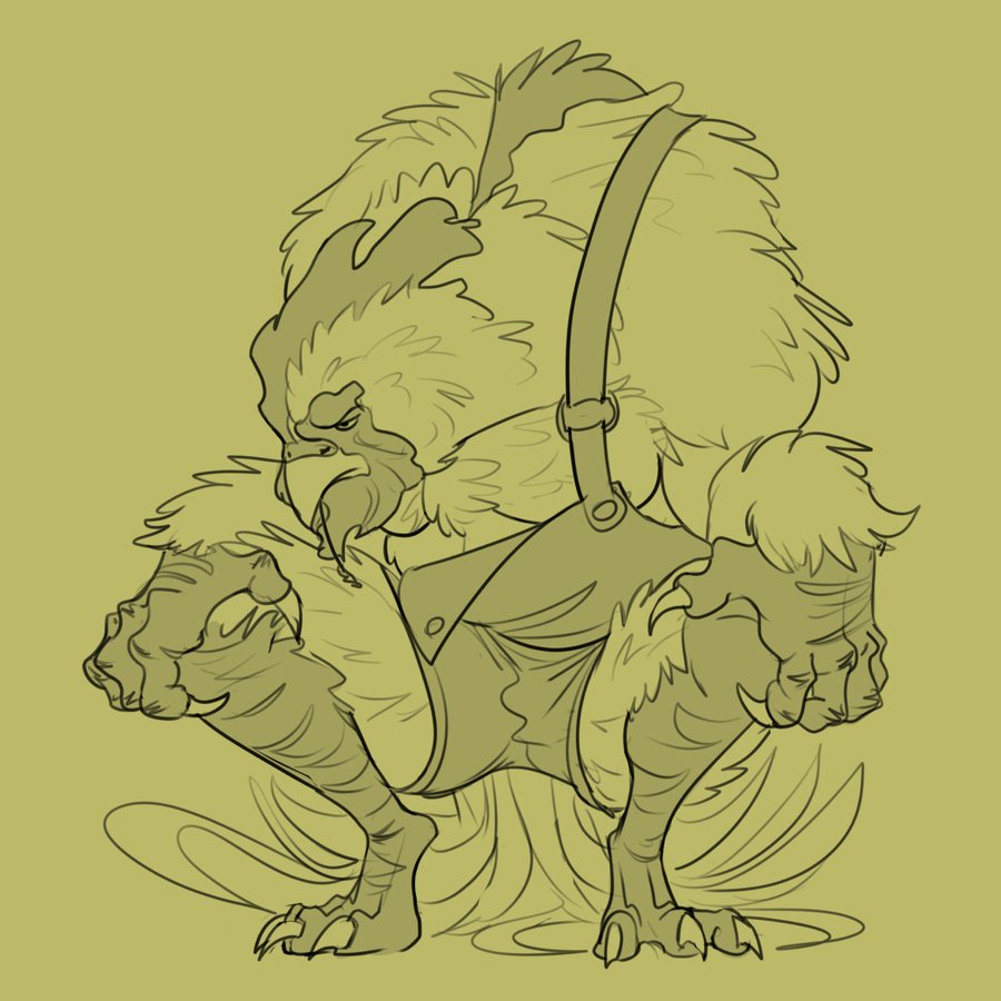 anthro avian_caruncle awarebear beak claws clothing comb_(anatomy) crouching feathers head_crest male mid_transformation muscular muscular_male overalls sharp_claws simple_background solo tail_feathers torn_clothing transformation unbuttoned werechicken yellow_background