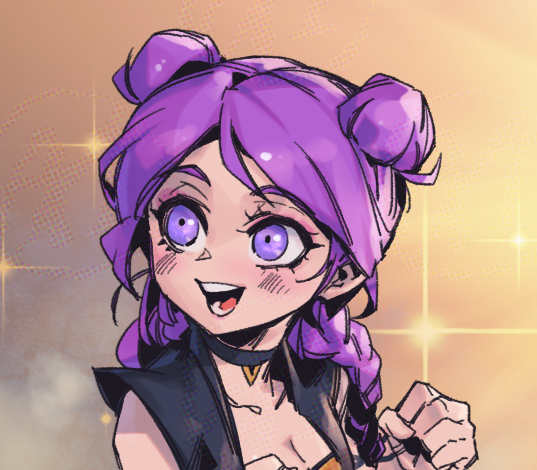 1girl blush breasts cleavage k/da_(league_of_legends) k/da_kai'sa kai'sa league_of_legends looking_to_the_side official_alternate_costume official_alternate_hairstyle open_mouth phantom_ix_row purple_eyes purple_hair smile solo sparkle teeth