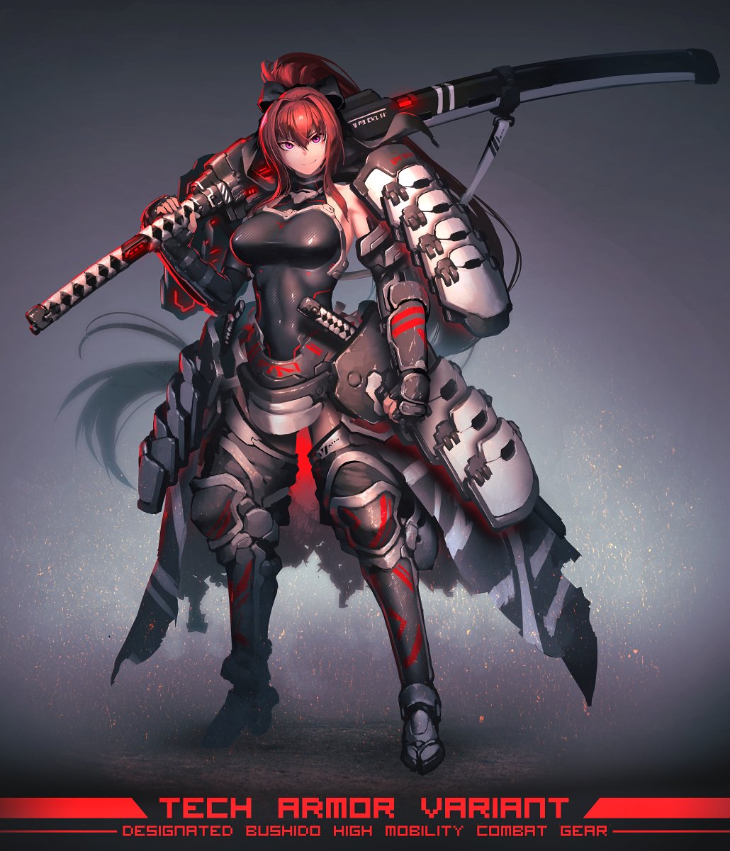 1girl arm_armor armor black_leotard breasts commission covered_navel dated_commentary english_text fingerless_gloves full_body gloves grey_background hetza_(hellshock) highres holding holding_weapon large_breasts leg_armor leotard long_hair looking_at_viewer multiple_sources original ponytail purple_eyes red_hair sheath sheathed shoulder_armor skeb_commission solo sword very_long_hair weapon