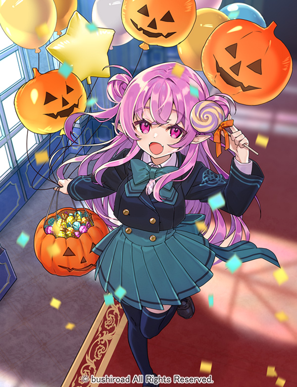 1girl :d arm_up balloon black_footwear black_jacket black_thighhighs blazer blue_bow blue_skirt bow candy cardfight!!_vanguard character_request collared_shirt commentary_request confetti cropped_jacket day double_bun fangs food hair_bun halloween_bucket holding holding_balloon holding_food indoors jack-o'-lantern jacket loafers lollipop long_sleeves miyoshino official_art orange_bow pink_hair pleated_skirt pointy_ears purple_eyes school_uniform shirt shoes skirt smile solo standing standing_on_one_leg star_balloon sunlight swirl_lollipop thighhighs two_side_up white_shirt window